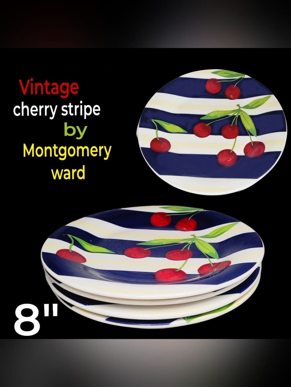4 Vintage Cherry Stripe App/ Bread Plate Set By Montgomery Wards — White, Navy
